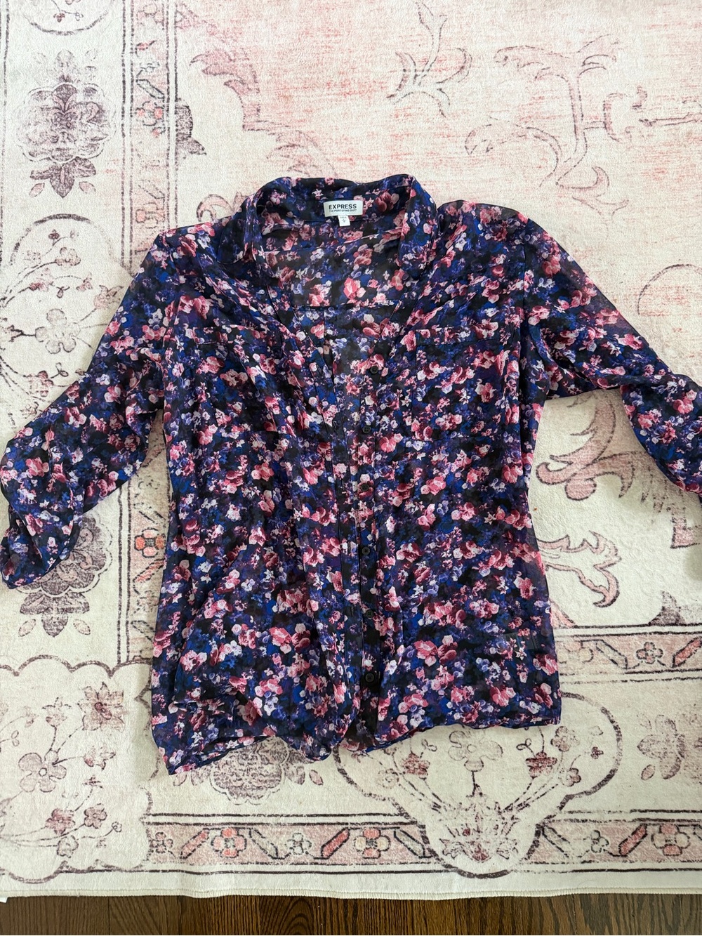 Express Navy Floral Button-Up Blouse with Pink Accents